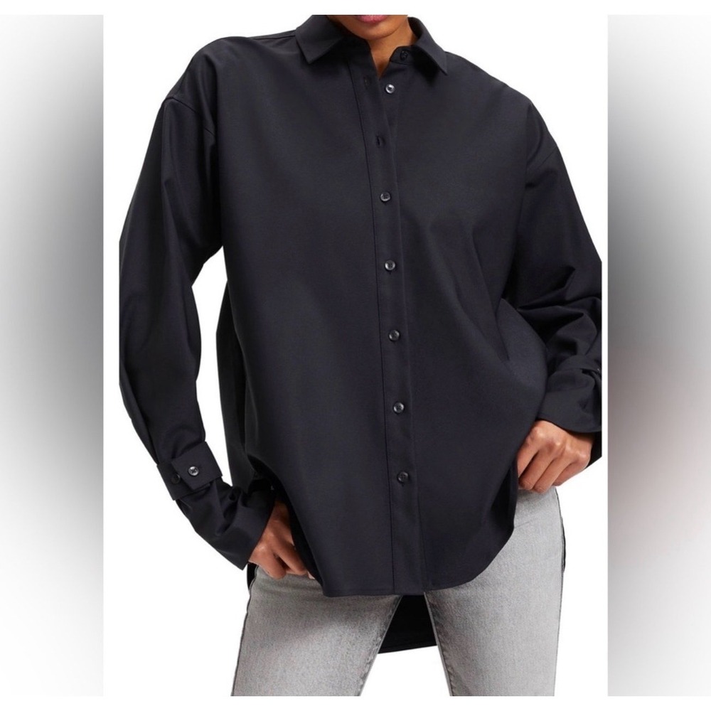 Good American Tabbed Poplin Shirt Black Oversized Button Down Size 00/0